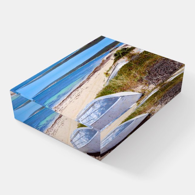 Beautiful Golden Sand Blue Sea Boat Paperweight (Angled)