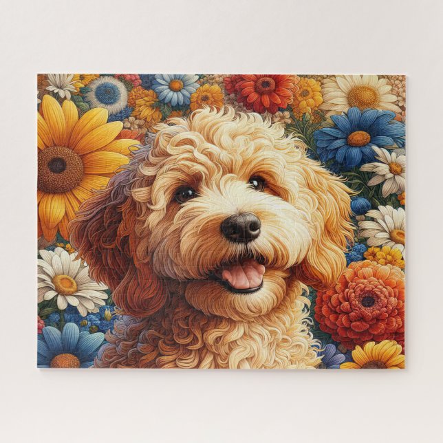 Beautiful Goldendoodle Dog With Flowers Jigsaw Puzzle (Horizontal)