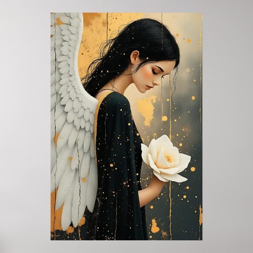 Beautiful Gothic Angel and White Rose Celestial Poster