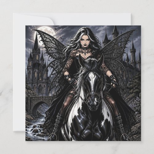 Beautiful Gothic Fairy on Black Horse 