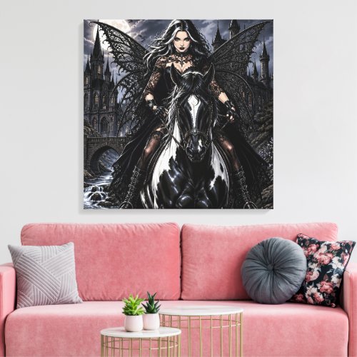 Beautiful Gothic Fairy on Black Horse  Canvas Print