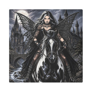 Beautiful Gothic Fairy on Black Horse Metal Print