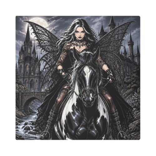 Beautiful Gothic Fairy on Black Horse  Metal Print