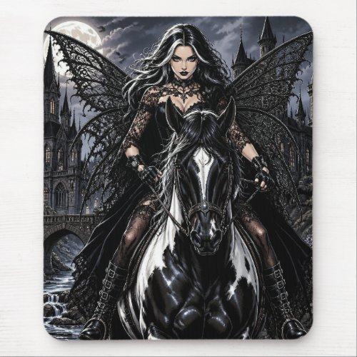 Beautiful Gothic Fairy on Black Horse  Mouse Pad
