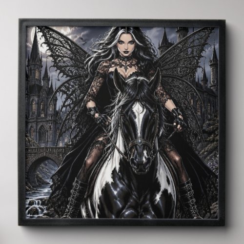 Beautiful Gothic Fairy on Black Horse  Peel And Stick Photo Tile