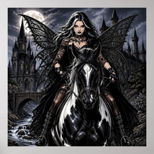 Beautiful Gothic Fairy on Black Horse  Poster