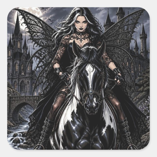 Beautiful Gothic Fairy on Black Horse  Square Sticker (Front)