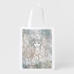 Beautiful gothic girl with a raven hand-drawn grocery bag
