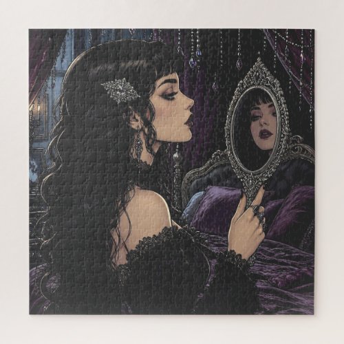 Beautiful Gothic Woman Looking into Antique Mirror Jigsaw Puzzle
