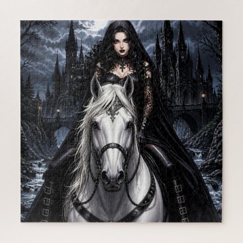 Beautiful Gothic Woman on White Horse  Jigsaw Puzzle