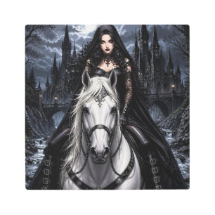 Beautiful Gothic Woman on White Horse Metal Print