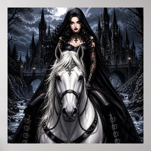 Beautiful Gothic Woman on White Horse  Poster