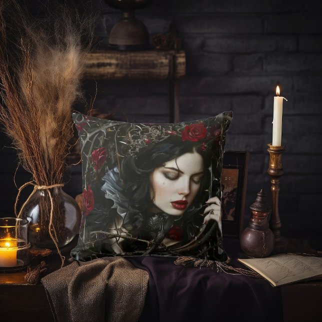 Beautiful Gothic Woman with Thorns and Roses Throw Pillow (Creator Uploaded)