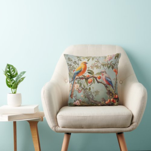 Beautiful Gouache Painting of Birds Throw Pillow