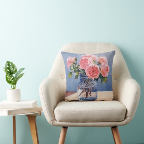 Beautiful Gouache Painting of Roses in the Vase Throw Pillow
