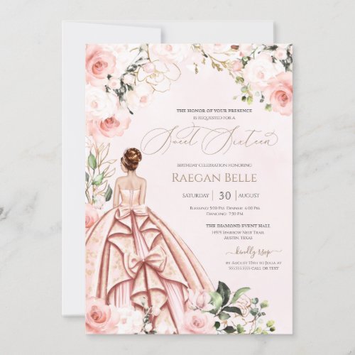 Beautiful Gown Pretty in Pink Blush Rose Sweet 16  Invitation