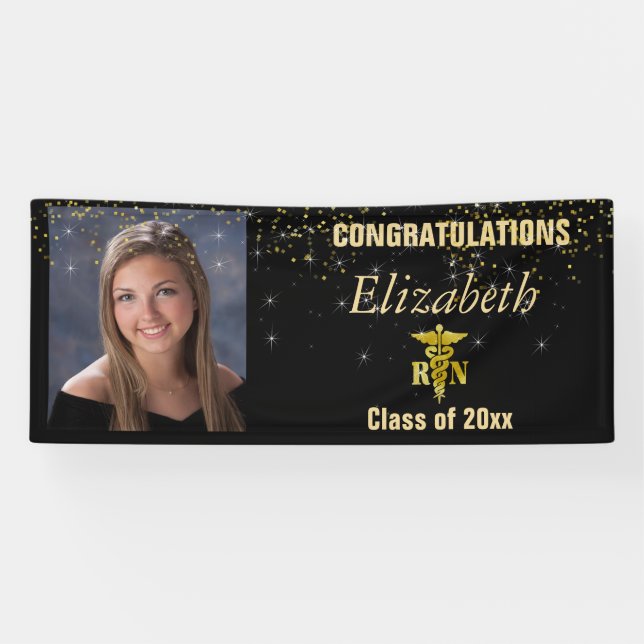 Beautiful, Graduation, Gold Glitter, Custom Photo, Banner (Horizontal)