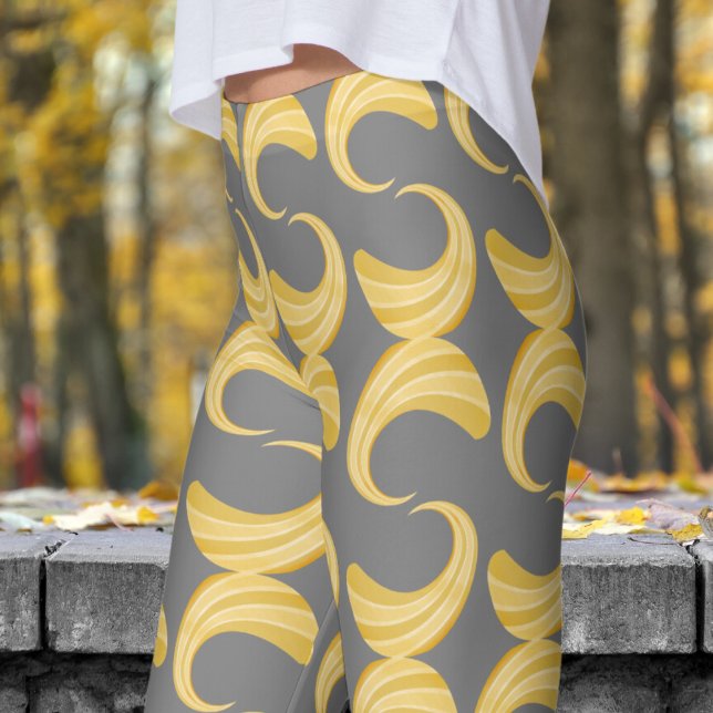 Beautiful Gray and Gold Curves Pattern Leggings (Golden Curves over Medium Gray Leggings)