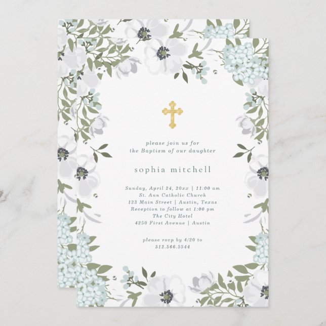 Beautiful Gray and White Floral | Baptism Invitation (Front/Back)