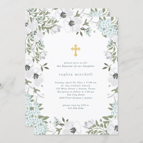 Beautiful Gray and White Floral  Baptism Invitation