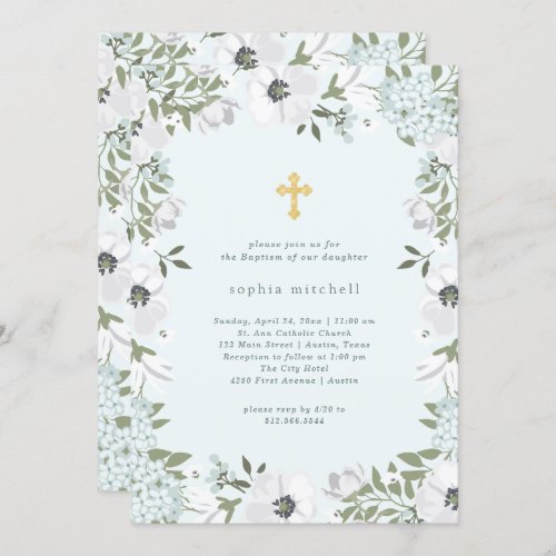 Beautiful Gray and White Floral on Blue  Baptism Invitation