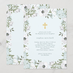 Beautiful Gray and White Floral on Blue   Baptism Invitation