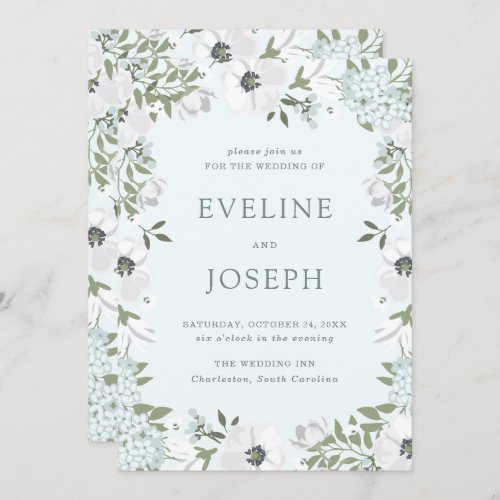 Beautiful Gray and White Floral on Blue  Wedding Invitation