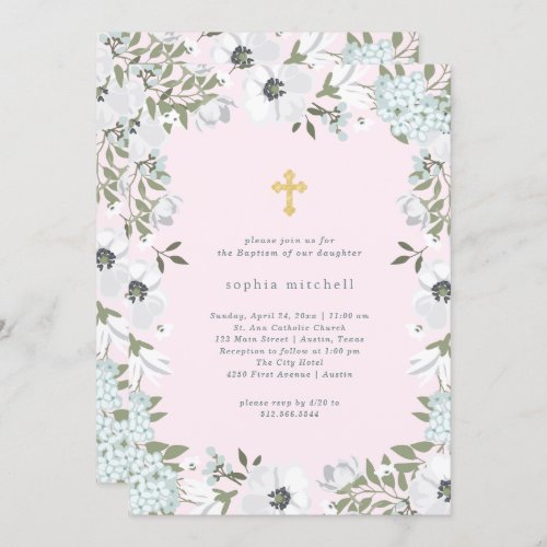 Beautiful Gray and White Floral on Pink  Baptism Invitation