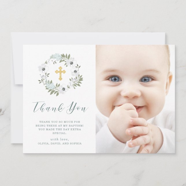 Beautiful Gray and White Floral | Photo Baptism Thank You Card (Front)