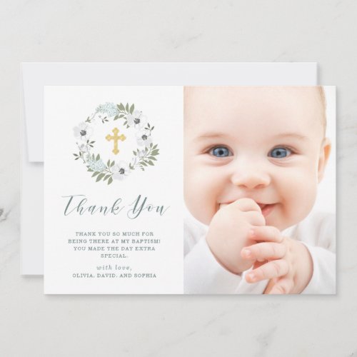 Beautiful Gray and White Floral  Photo Baptism Thank You Card
