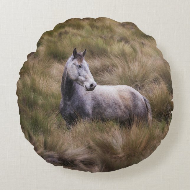 Beautiful Gray Colored Horse Round Pillow (Front)