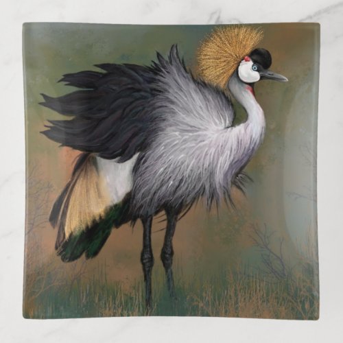 Beautiful Gray Crowned Crane _ Migned Painting  Trinket Tray