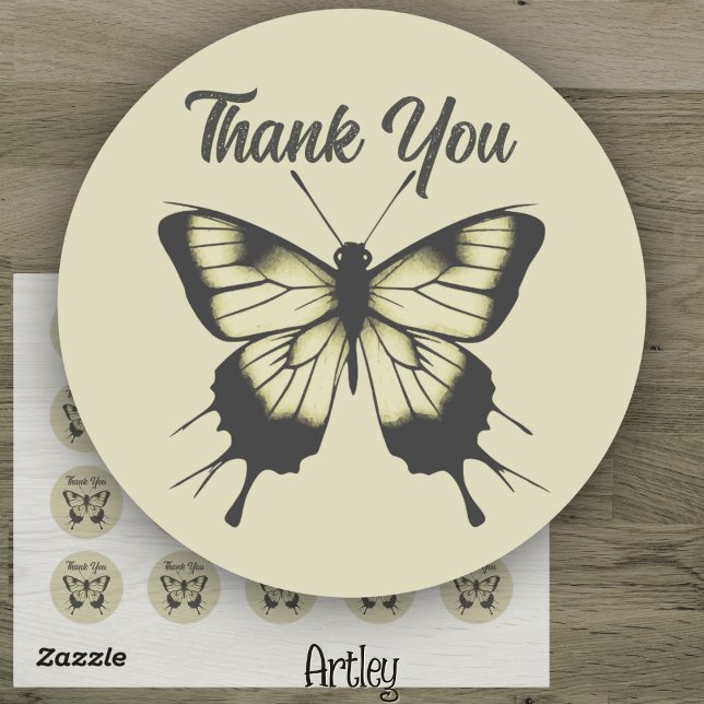Beautiful Gray Minimalist Butterfly Thank You Classic Round Sticker (Creator Uploaded)