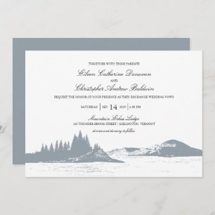 Beautiful Gray Mountain Pine Trees Lake Wedding Invitation