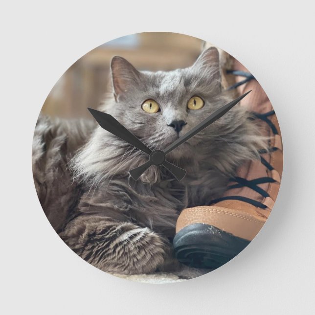 Beautiful Gray Nebelung Long Hair Russian Blue Cat Round Clock (Front)