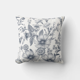 Beautiful Gray Scale Floral Sketch Drawing Throw Pillow