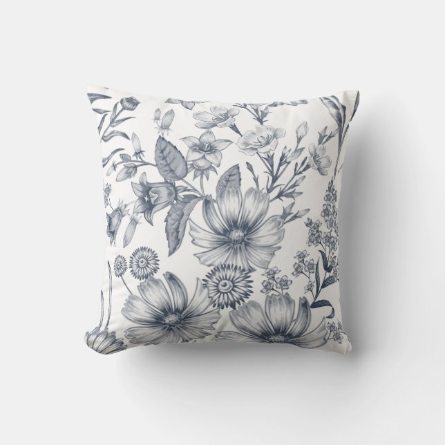 Beautiful Gray Scale Floral Sketch Drawing Throw Pillow (Front)