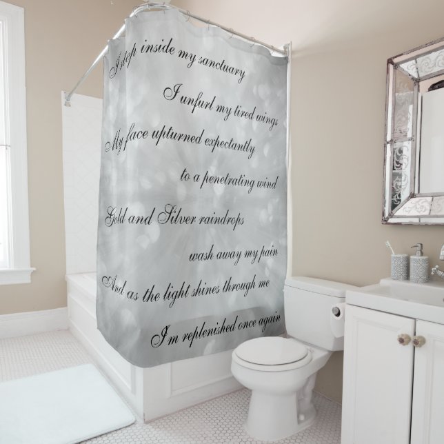 Beautiful gray /silver Cleansing Mantra design Shower Curtain (In Situ)