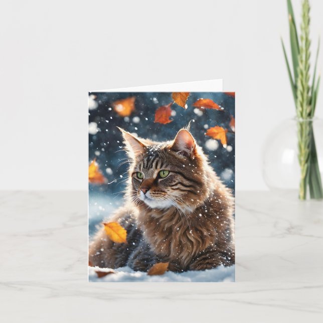 Beautiful Gray Tabby Cat Fall Leaves Blank  Card (Front)
