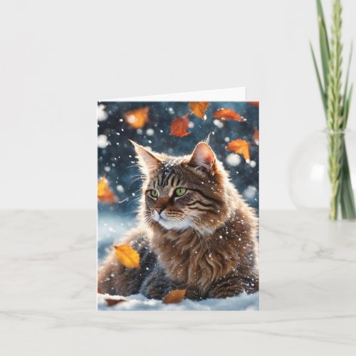 Beautiful Gray Tabby Cat Fall Leaves Blank  Card