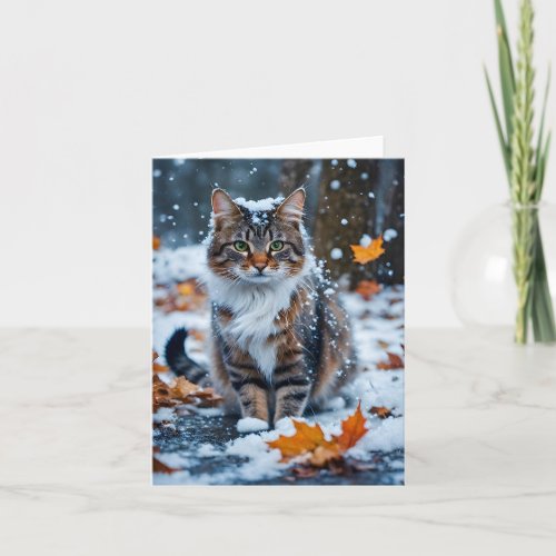 Beautiful Gray Tabby Cat Fall Leaves Blank  Card