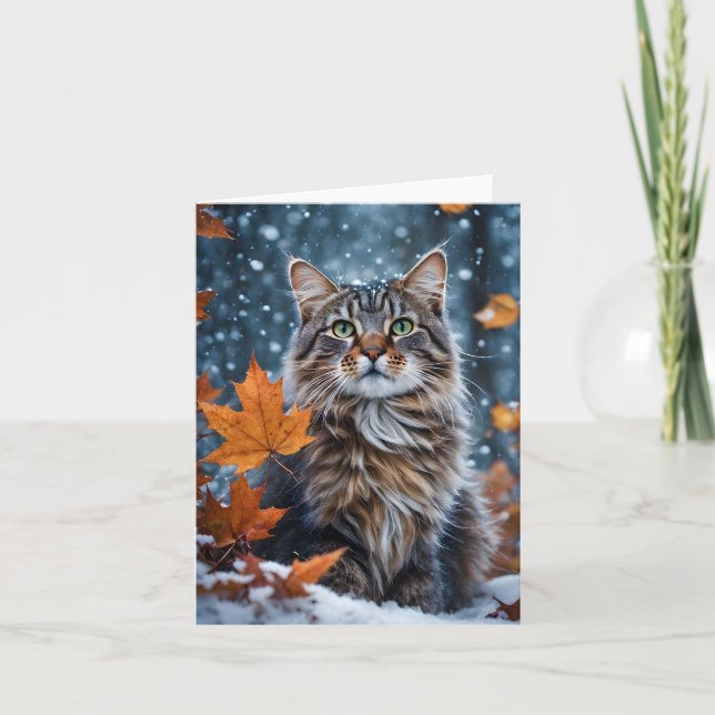 Beautiful Gray Tabby Cat Fall Leaves Blank  Card (Front)