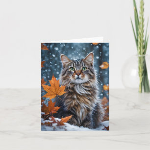 Beautiful Gray Tabby Cat Fall Leaves Blank Card