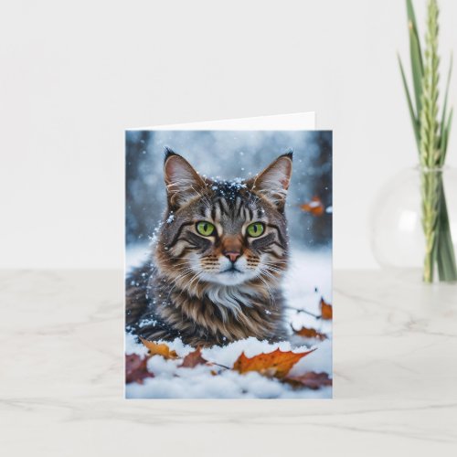 Beautiful Gray Tabby Cat Fall Leaves Blank Card