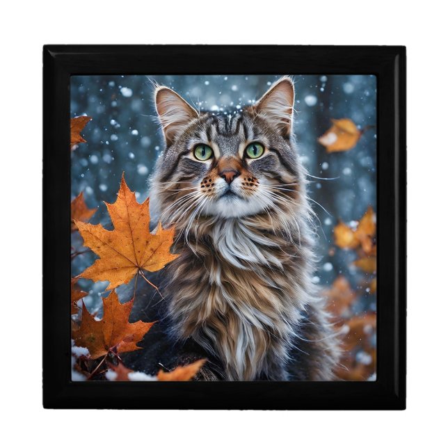 Beautiful Gray Tabby Cat Fall Leaves Keepsake  Gift Box (Front)