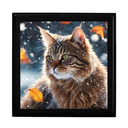 Beautiful Gray Tabby Cat Fall Leaves Keepsake  Gift Box