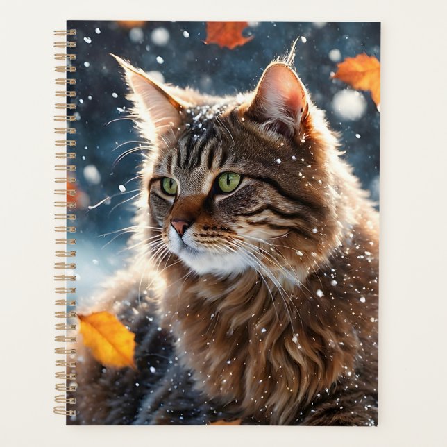 Beautiful Gray Tabby Cat Fall Leaves Planner (Front)