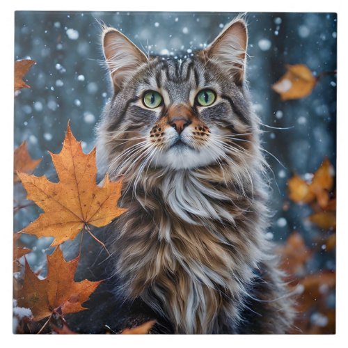 Beautiful Gray Tabby Cat Fall Leaves Portrait  Ceramic Tile