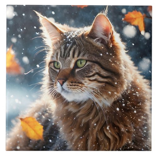 Beautiful Gray Tabby Cat Fall Leaves Portrait  Ceramic Tile