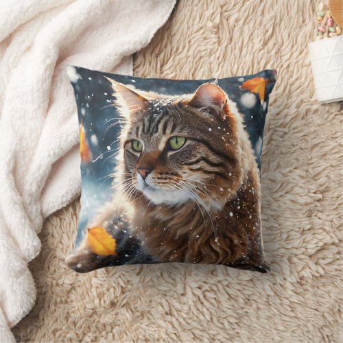 Beautiful Gray Tabby Cat Fall Leaves  Throw Pillow